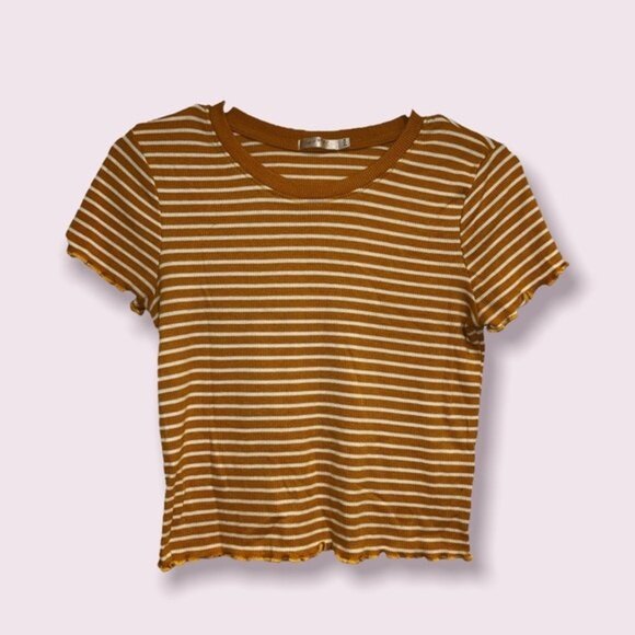 Y2K Crop Top Mustard Ribbed Stripes Ruffled Short Sleeve Womens Size Medium - Picture 1 of 5